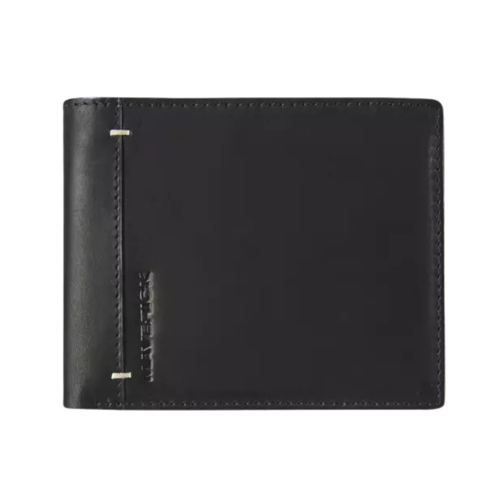 Black leather wallet, front view with simple stitching and clean design.