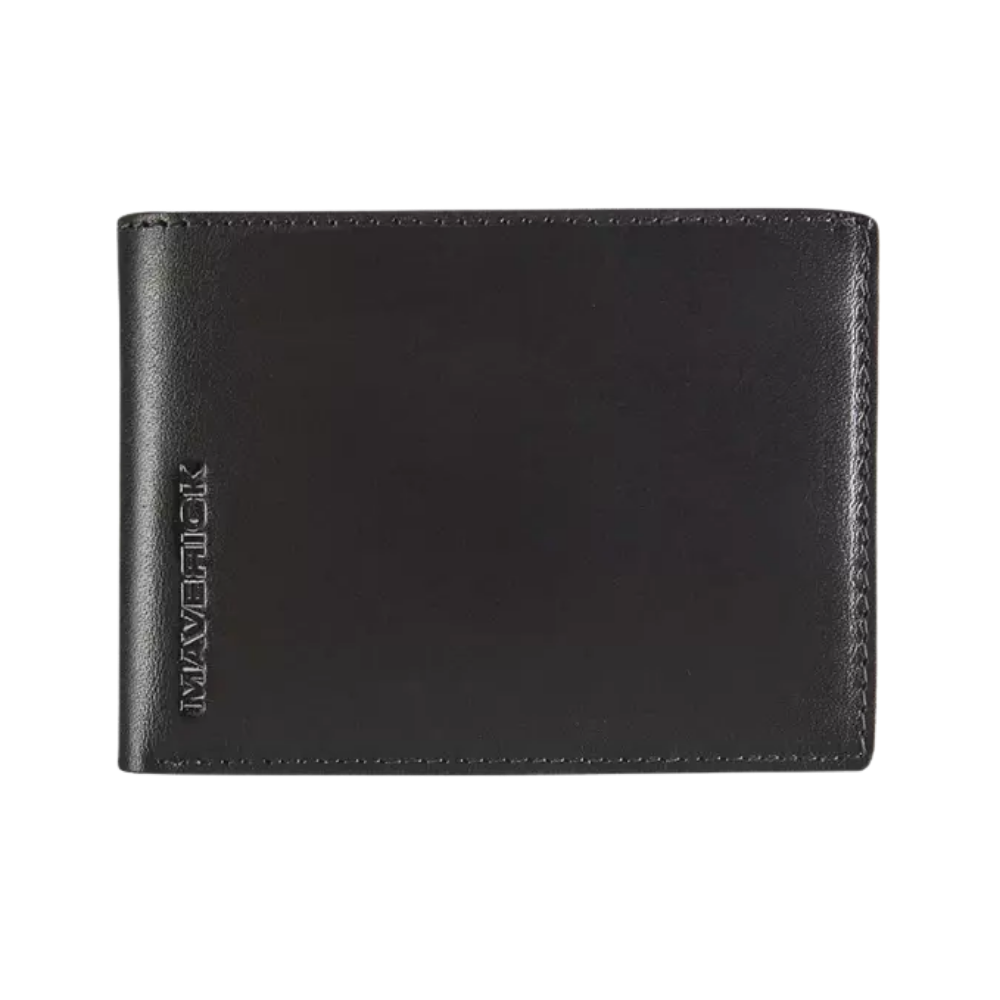 Black leather wallet with a simple front view, featuring stitching details.