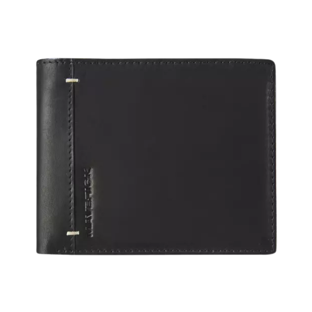 Black leather wallet with a clean, simple front design and stitching on the side.