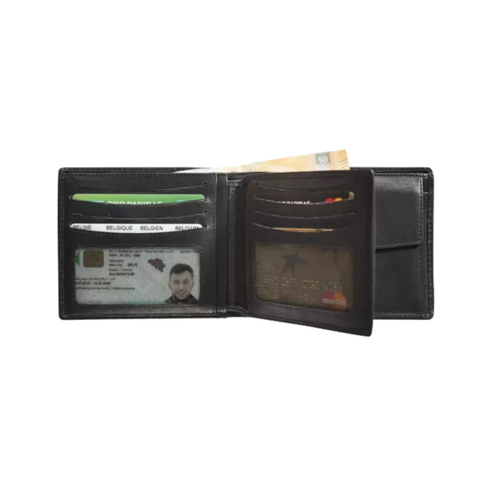 Interior view of a black leather wallet showing card slots, ID window, and bill compartments.