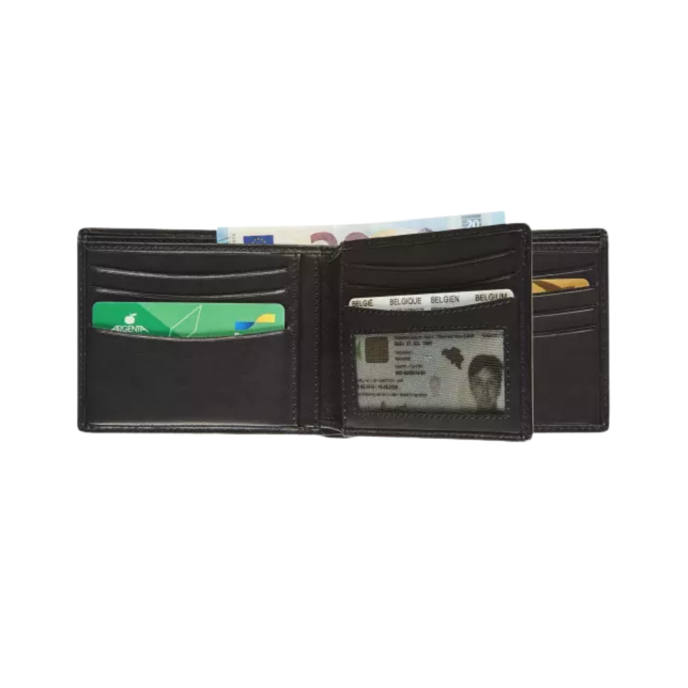 Interior view of a black leather wallet showing card slots, ID window, and bill compartments.