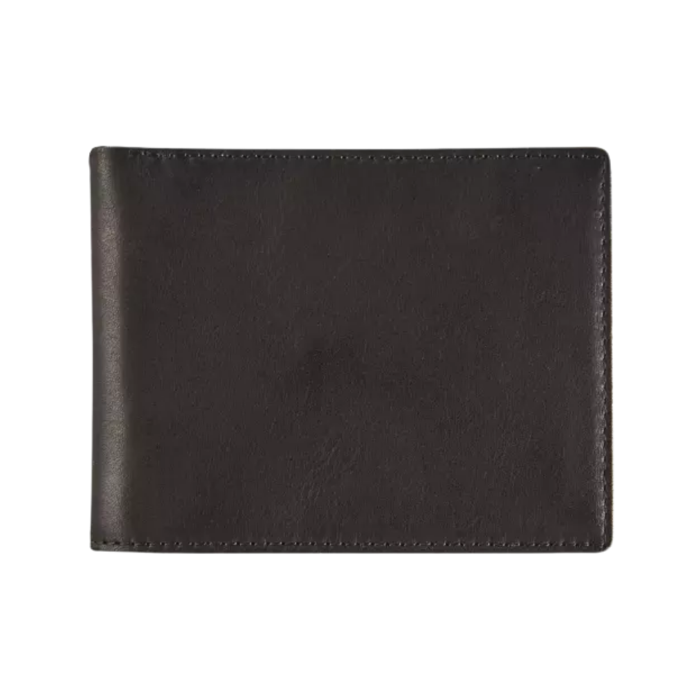 Back view of the black leather wallet, showcasing its simple design and clean lines