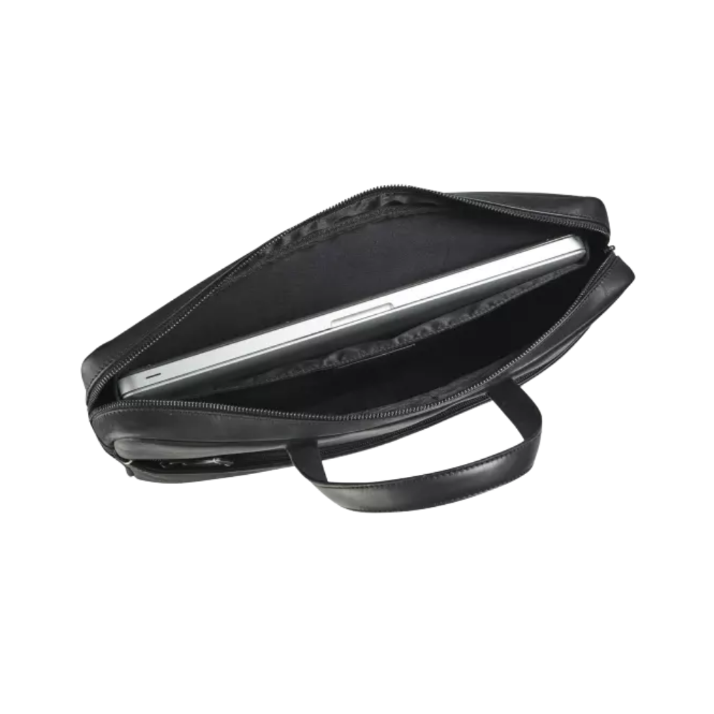 Side view of the black leather business bag with a slim profile and zipper closure.