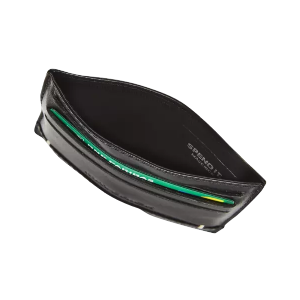 Interior view of the black leather cardholder with multiple card slots, showing cards neatly organized.