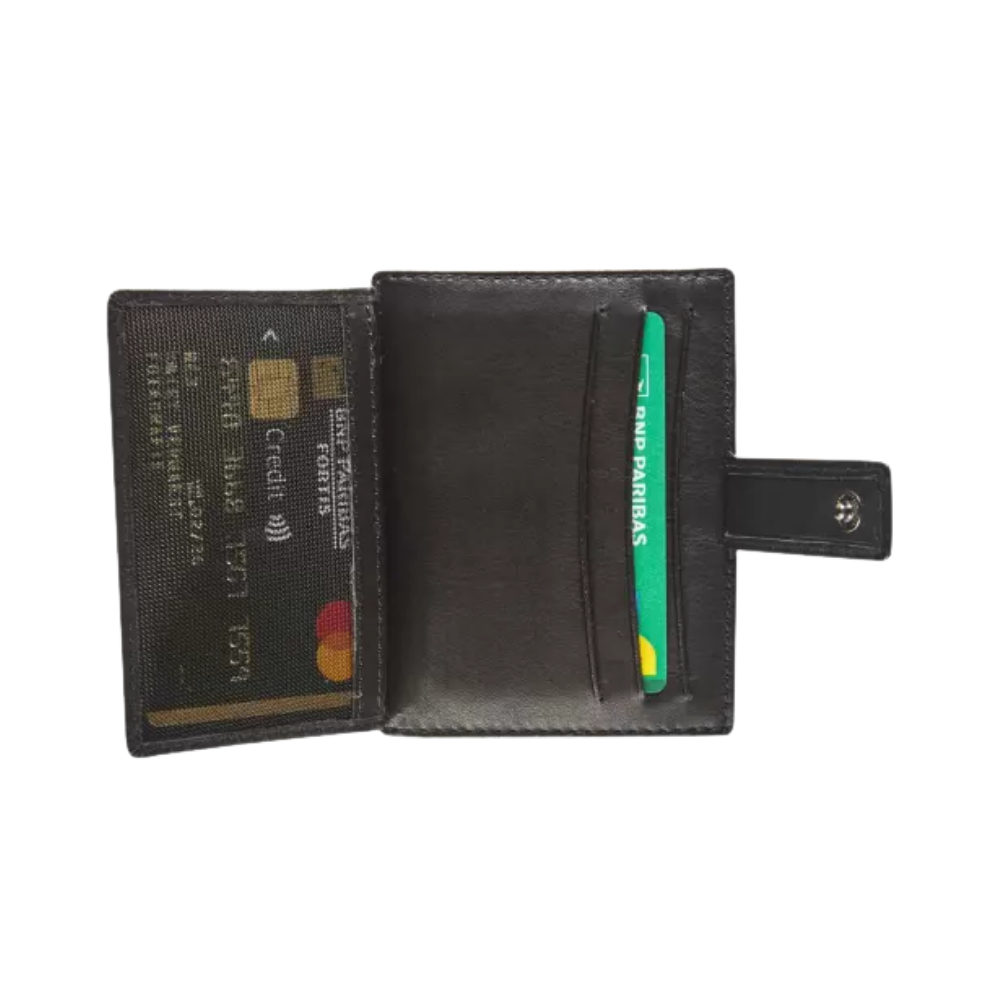 Side view of the black leather cardholder with a visible clasp closure for secure storage.