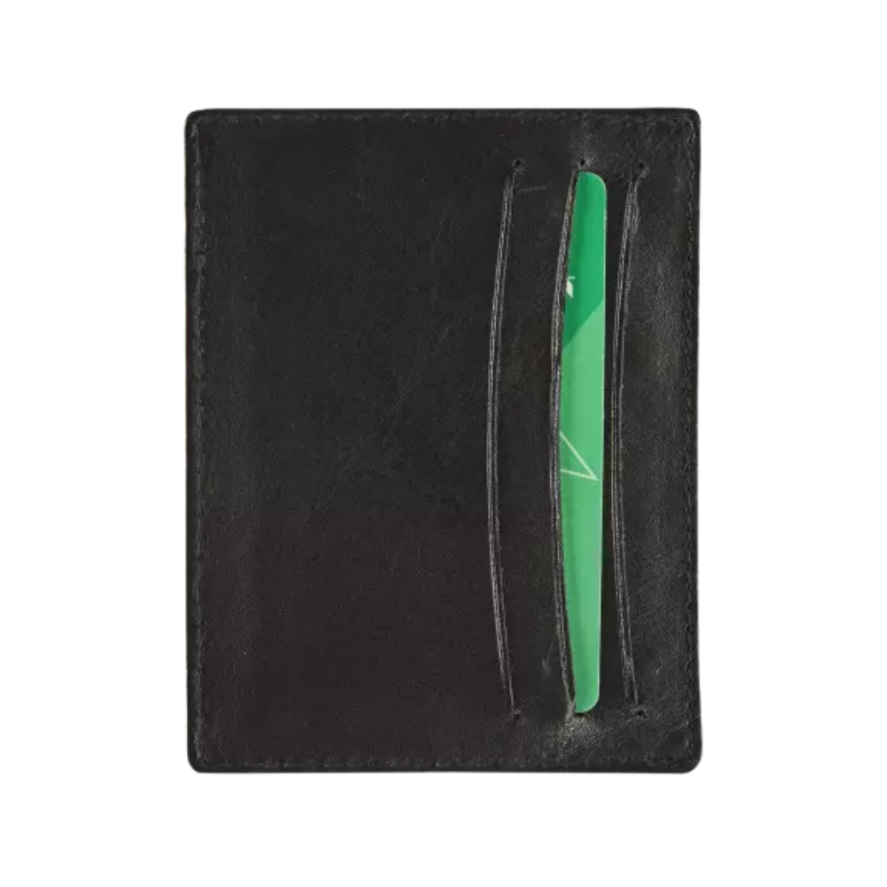 Front view of a black leather cardholder with a sleek design and a card visible in the top slot.