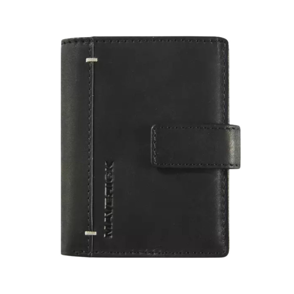 Front view of a black leather cardholder with a clasp closure and small stitching details.