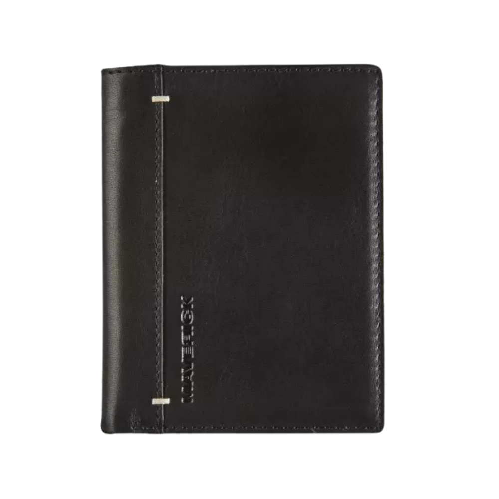Front view of a black leather wallet with a simple, clean design and small stitching details.