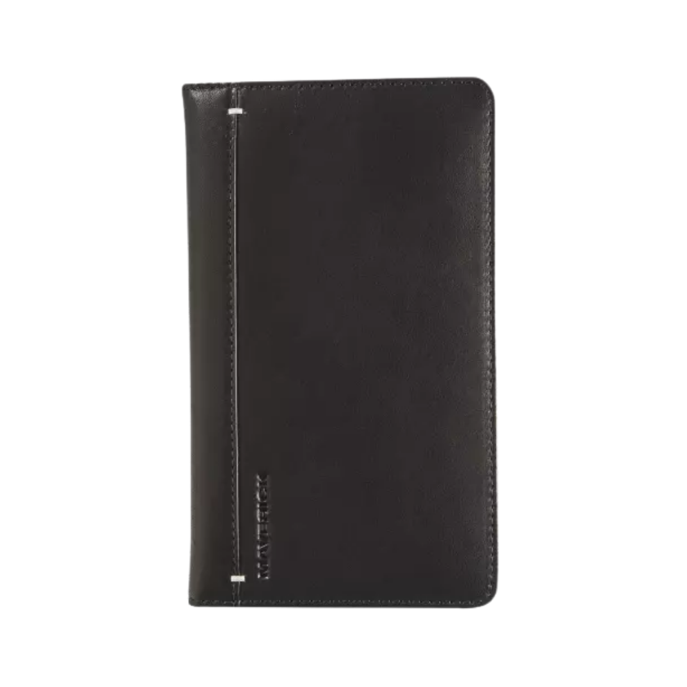 Front view of a black leather A6 diary with a sleek, minimalist design and embossed 'Maverick' logo.