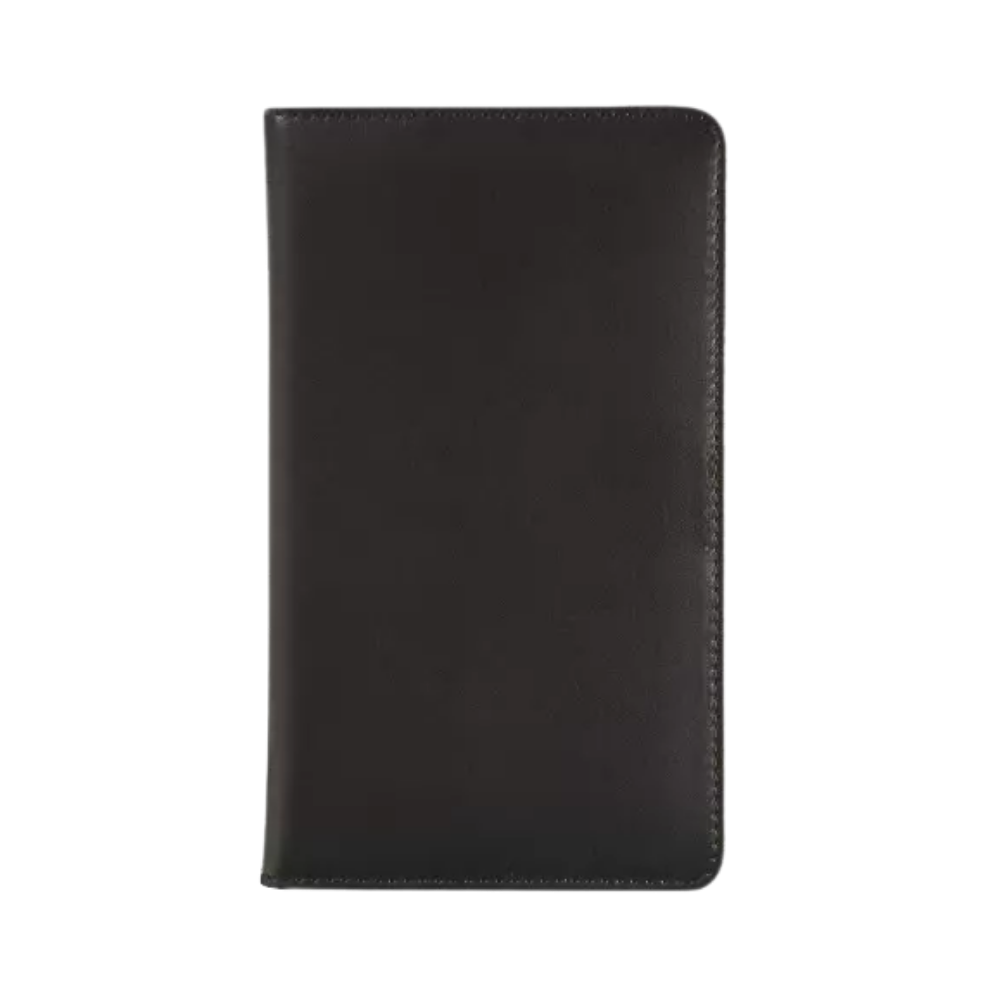 Back view of the black leather A6 diary showing a smooth, simple design.