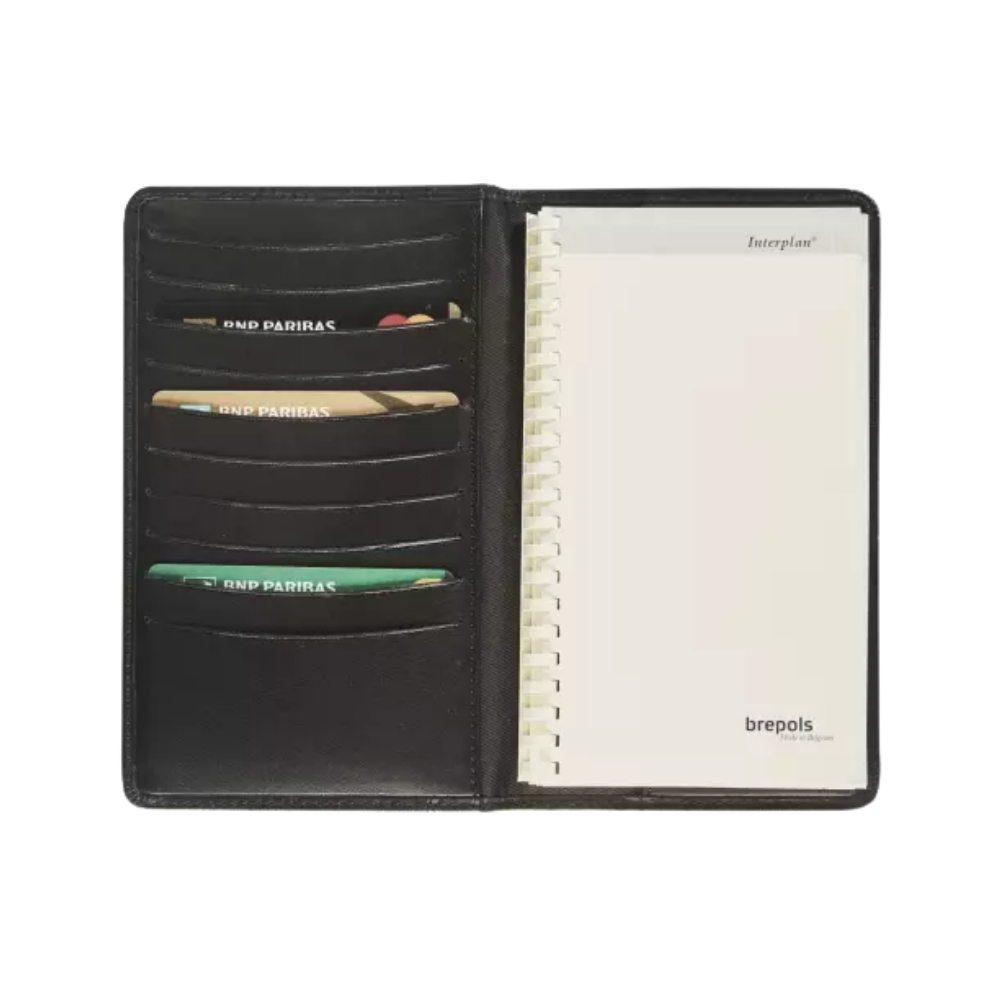 Interior view of the black leather A6 diary showing the notepad and card slots for organization.