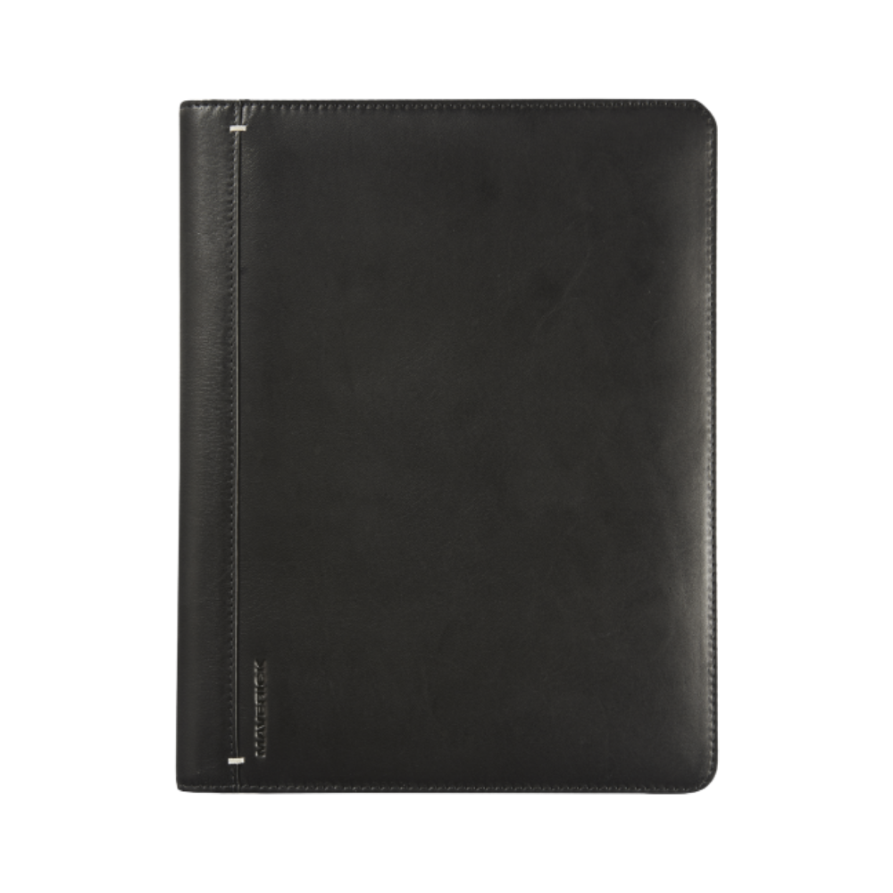 Front view of a black leather A5 diary with a sleek and minimalist design featuring the 'Maverick' logo.
