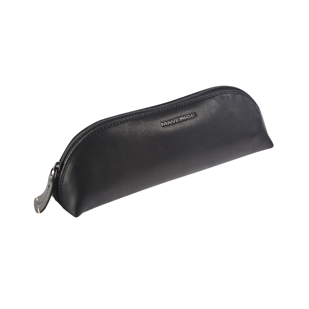 Black leather oval pencil case with a zipper and embossed 'MAVERICK' logo on the front.
