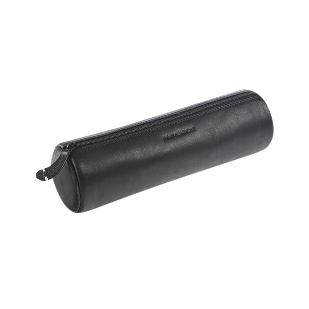 Black leather pencil case with a zipper, sleek and compact cylindrical design.