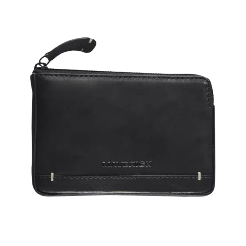 Front view of a black leather cardholder with a zipper and keyring attachment.