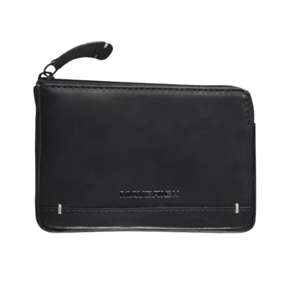 Front view of a black leather cardholder with a zipper and keyring attachment.