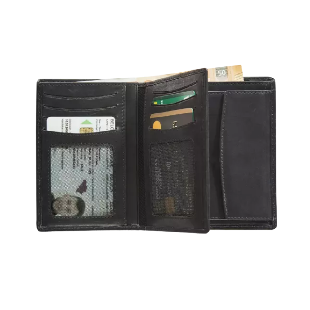 Interior view of the black leather wallet with card slots, an ID compartment, and a coin pocket.