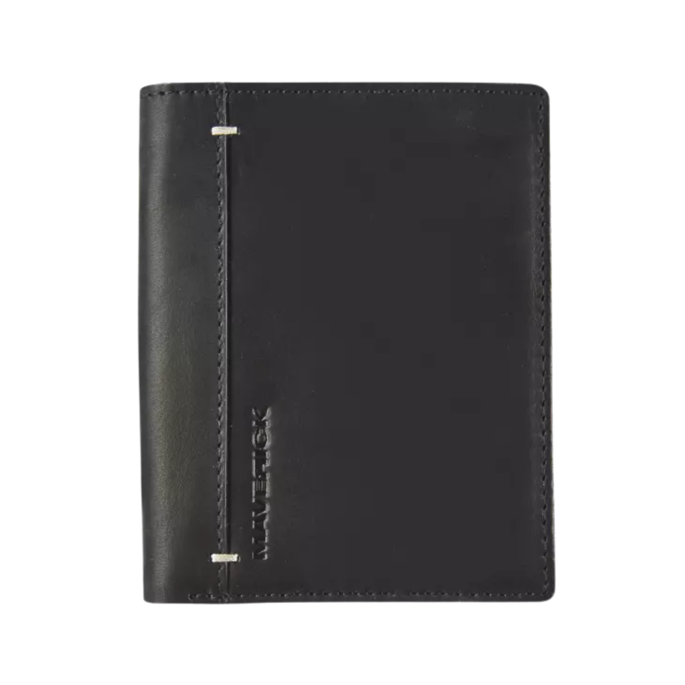 Front view of a black leather wallet with simple stitching and a clean, minimalist design.
