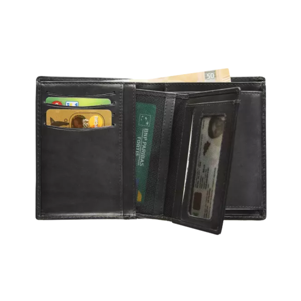 Interior view of the black leather wallet with multiple card slots, a coin pocket, and an ID compartment.