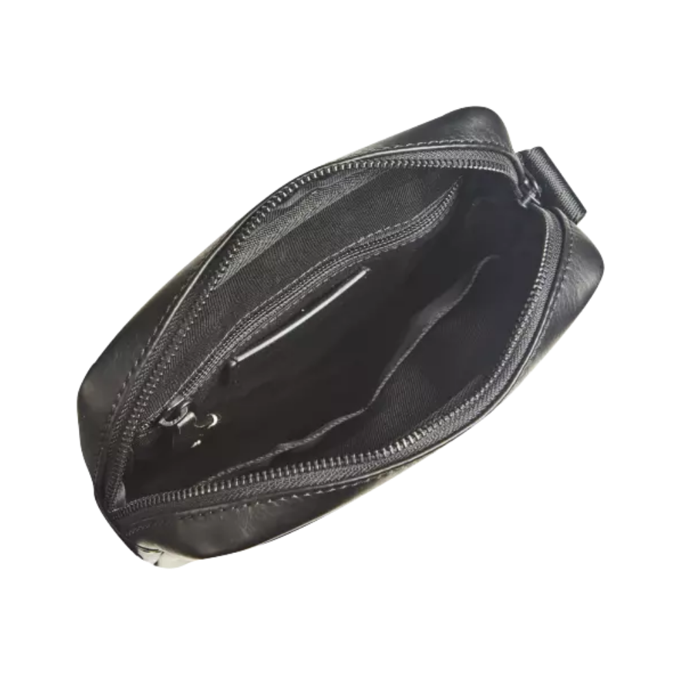 Interior view of the black leather shoulder bag showing the spacious compartment and zipper section.