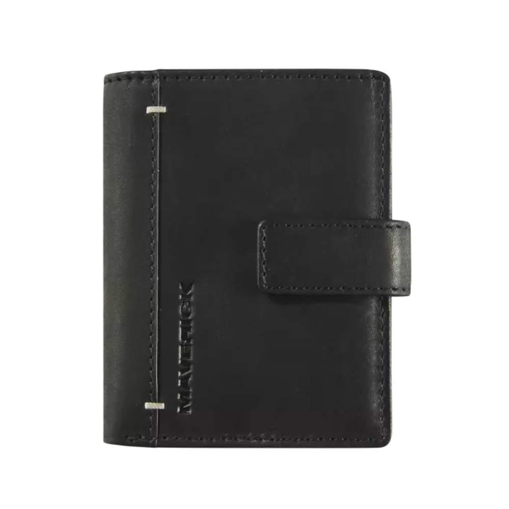 Front view of a black leather wallet with a secure clasp closure and clean design.