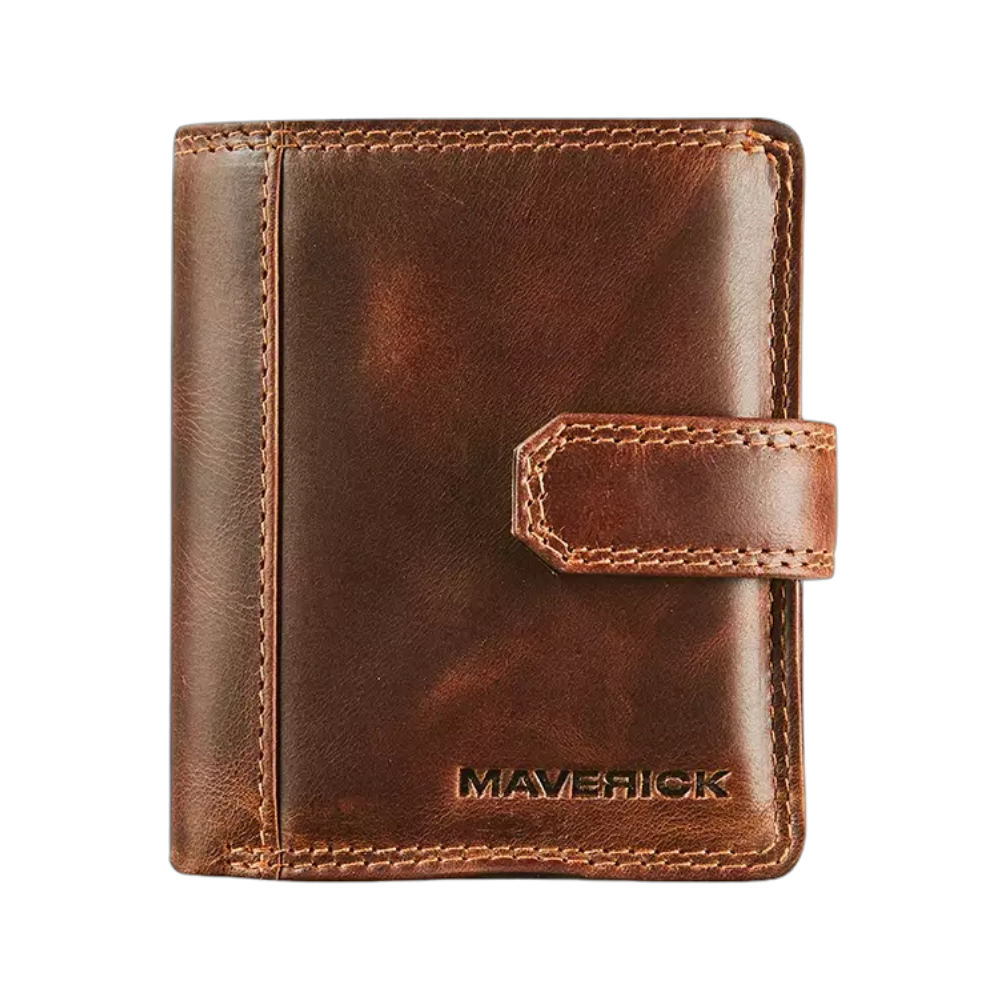 "Maverick Lederbrieftasche, geschlossen, braunes Leder mit Druckknopfverschluss"