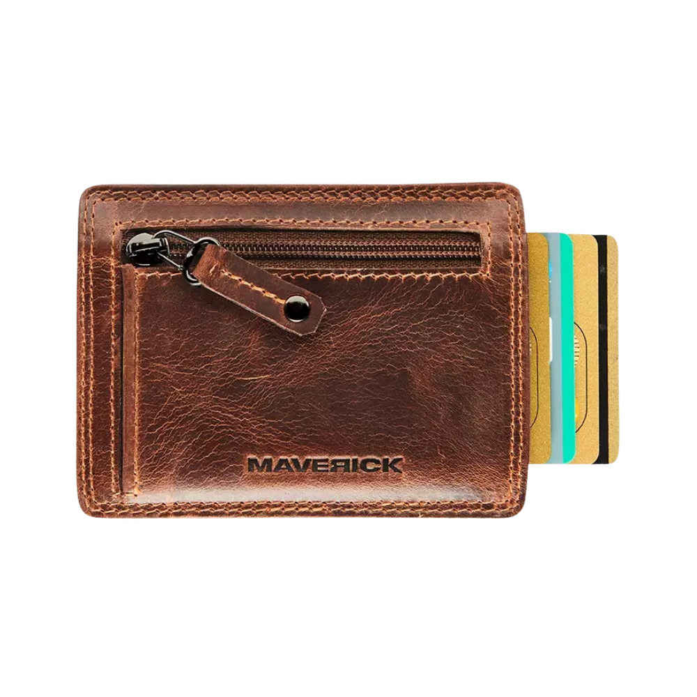 "Maverick Lederkartehalter mit Reißverschluss und mehreren Kreditkarten, braunes Leder"