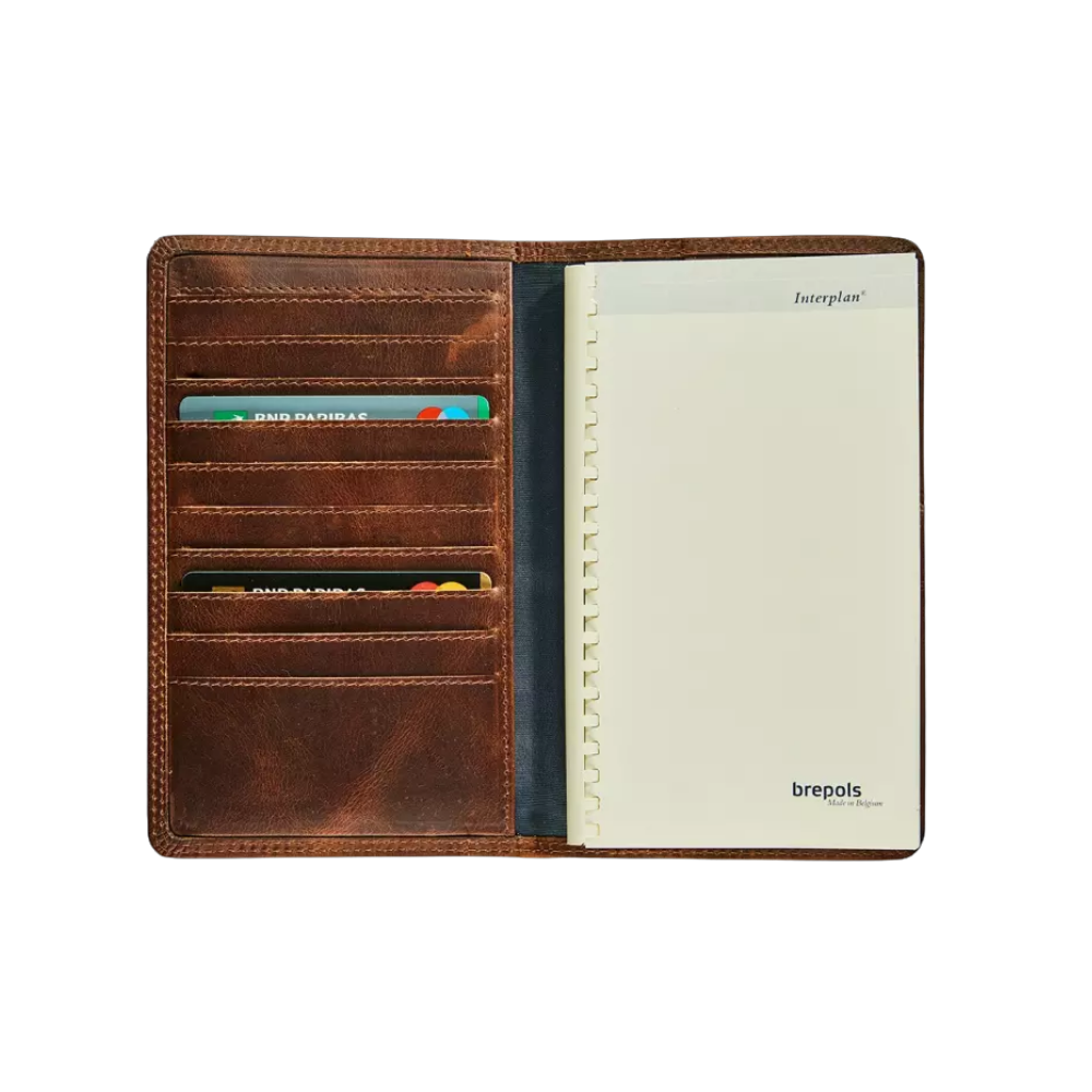 Maverick Leder-Organizer geöffnet mit Notizblock, Stiften und Kartenfächern