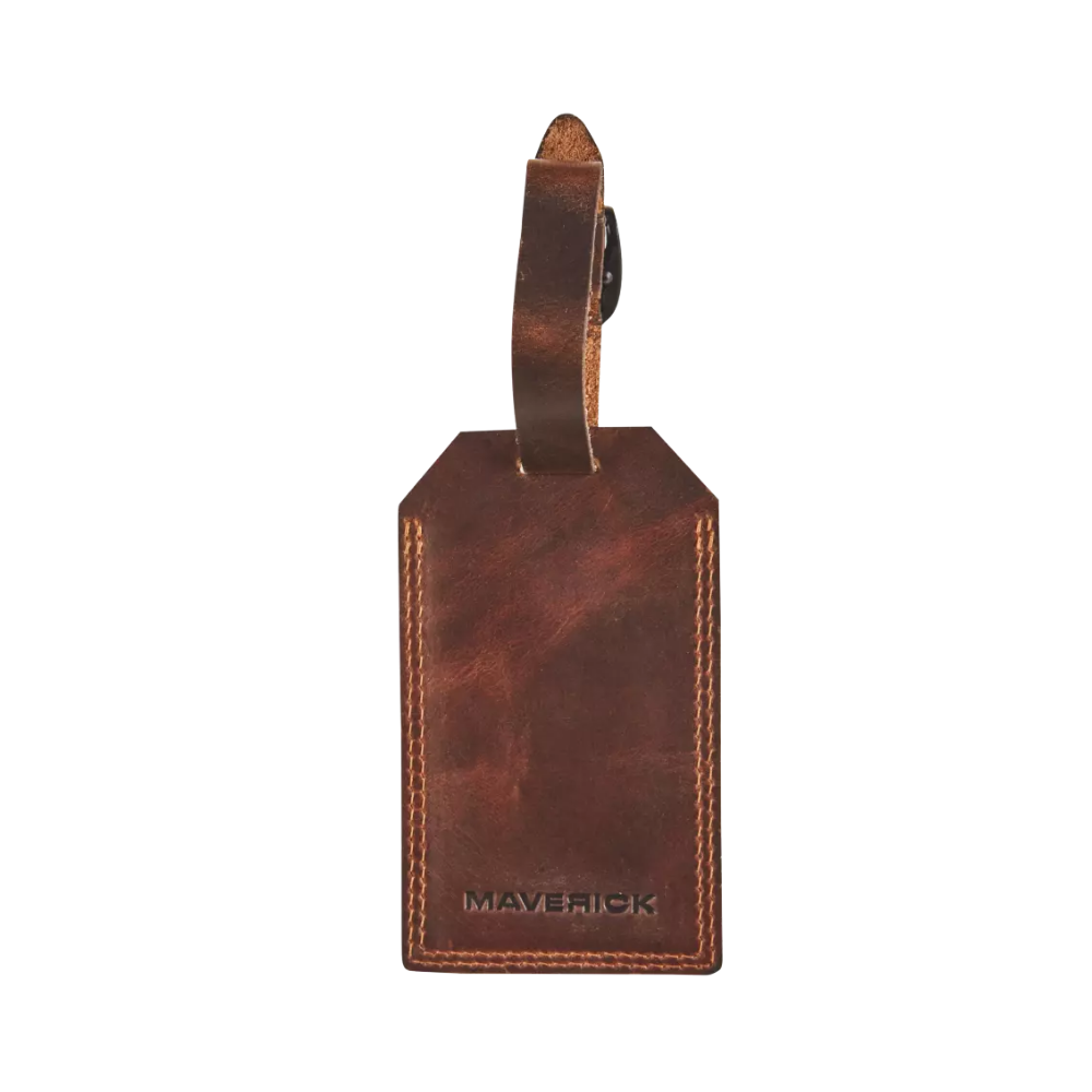 Side view of the Maverick Original Leather Luggage Tag with the belt clip attached.