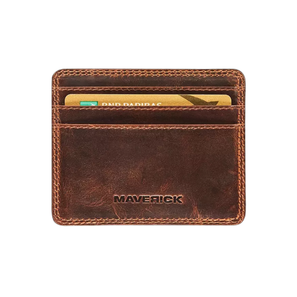 "Maverick Leder-Kartenetui, braunes Leder, mit Kreditkarten sichtbar"