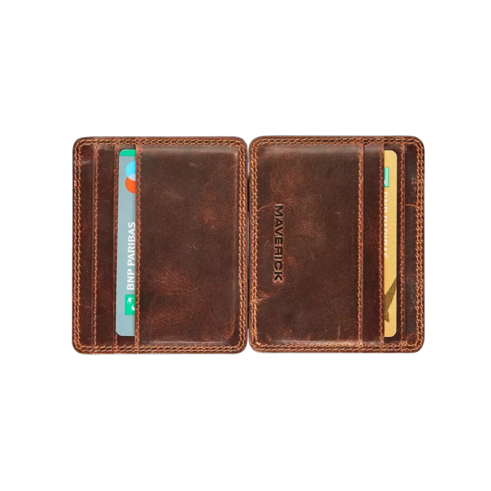 "Maverick Leder-Kartenetui, braunes Leder, mit mehreren Karten und einem Gummibandverschluss"