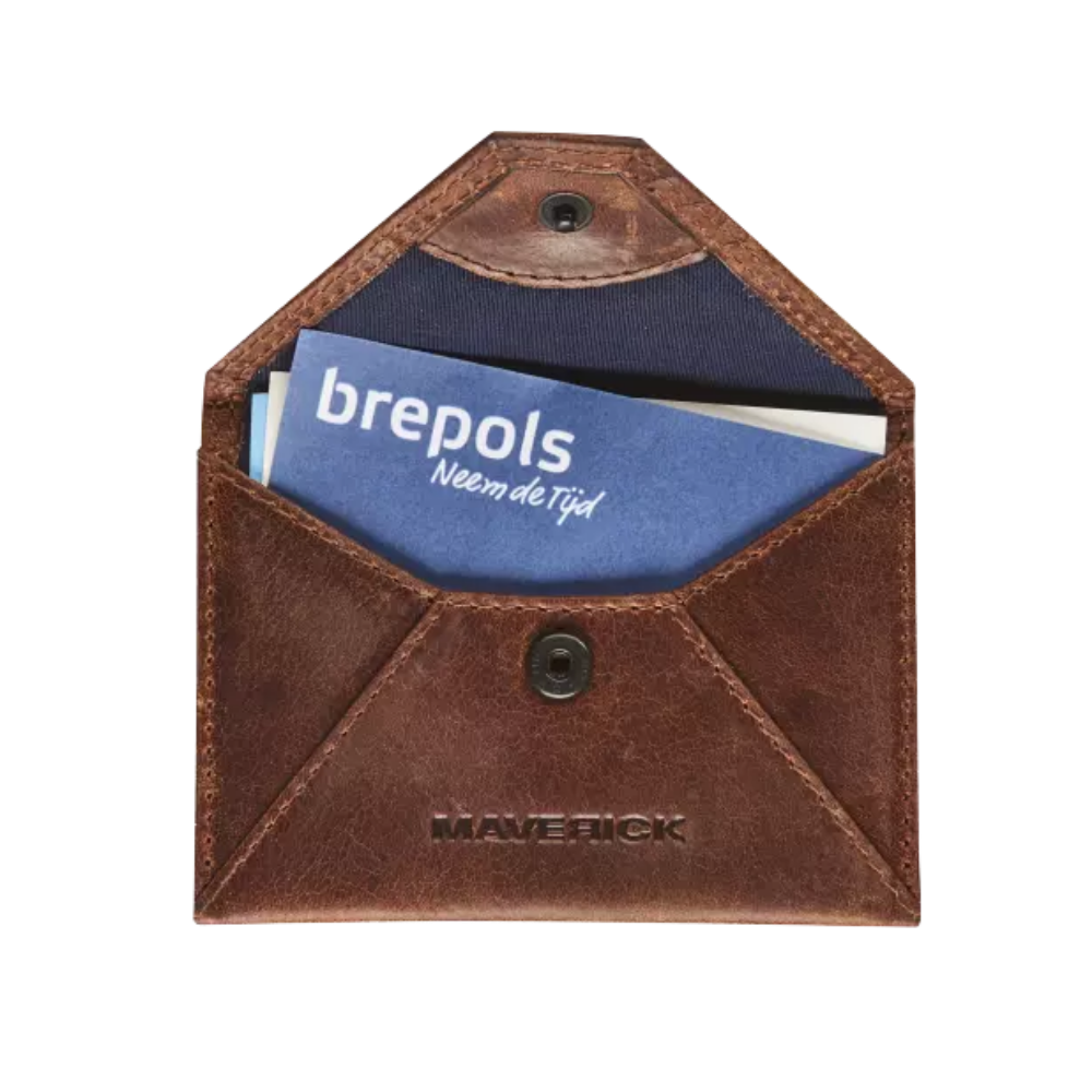 Open view of the Maverick Original Leather Passport Holder with a business card inside.
