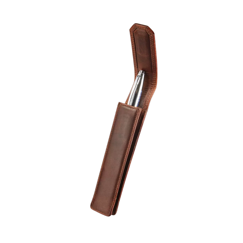Maverick Leder-Stiftetui geöffnet mit Stift sichtbar"