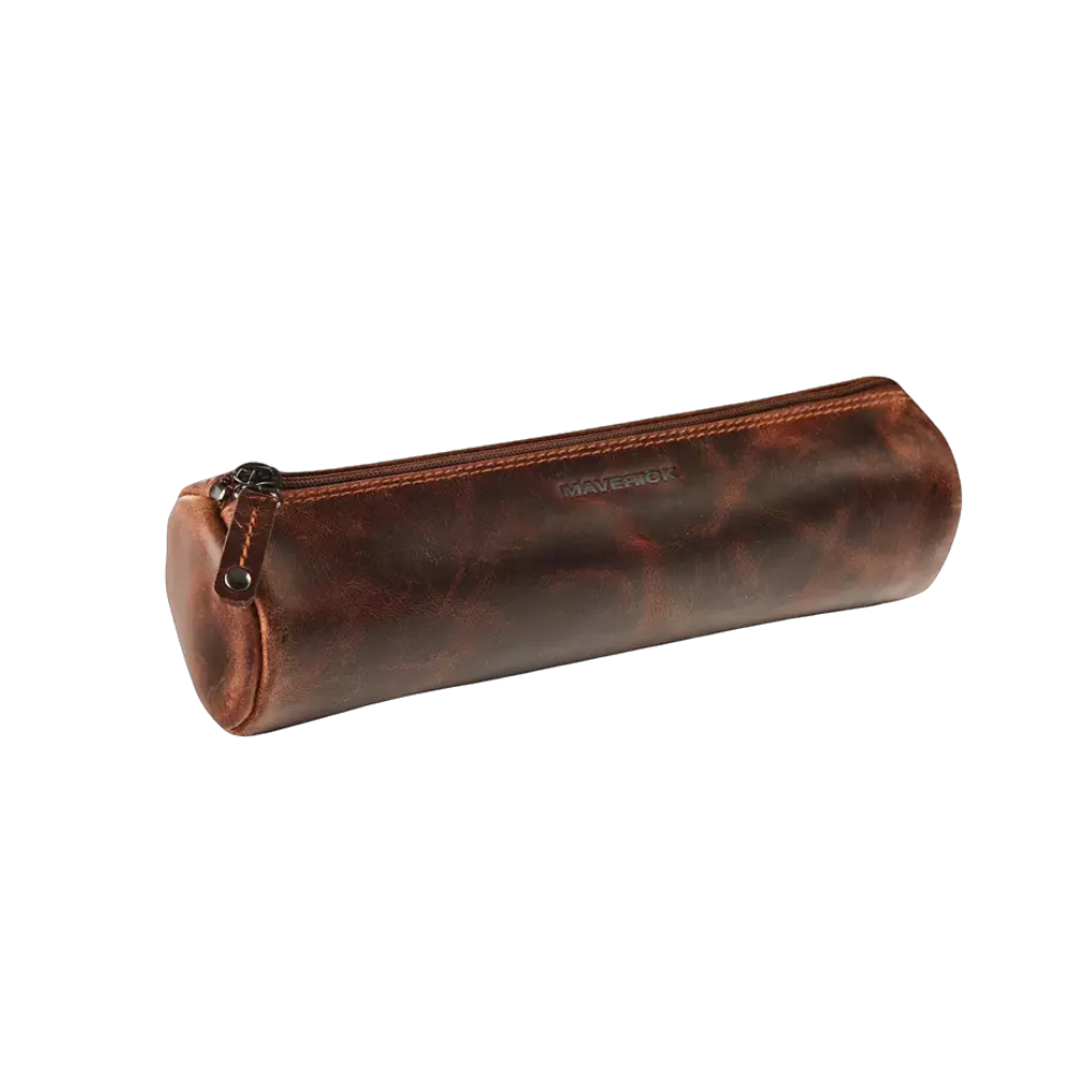 Maverick Leder-Stifteetui, braunes Leder, geschlossen mit Reißverschluss"