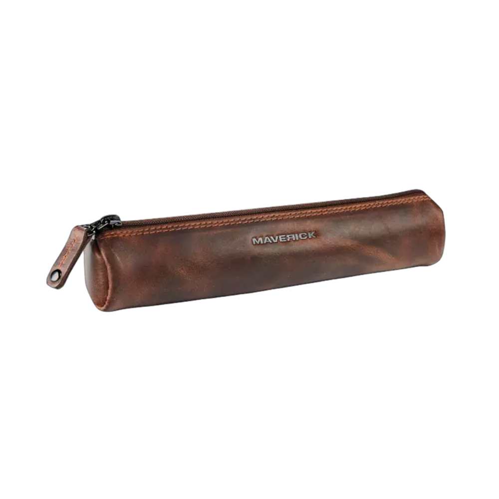 "Maverick Leder-Stifteetui, braunes Leder, geschlossen mit Reißverschluss"