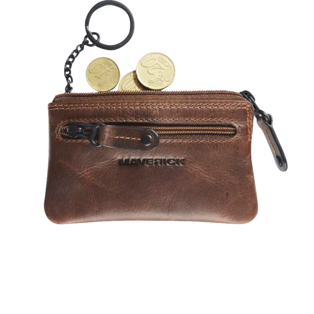 Maverick Leder-Münzbeutel mit Schlüsselanhänger und Münzen"