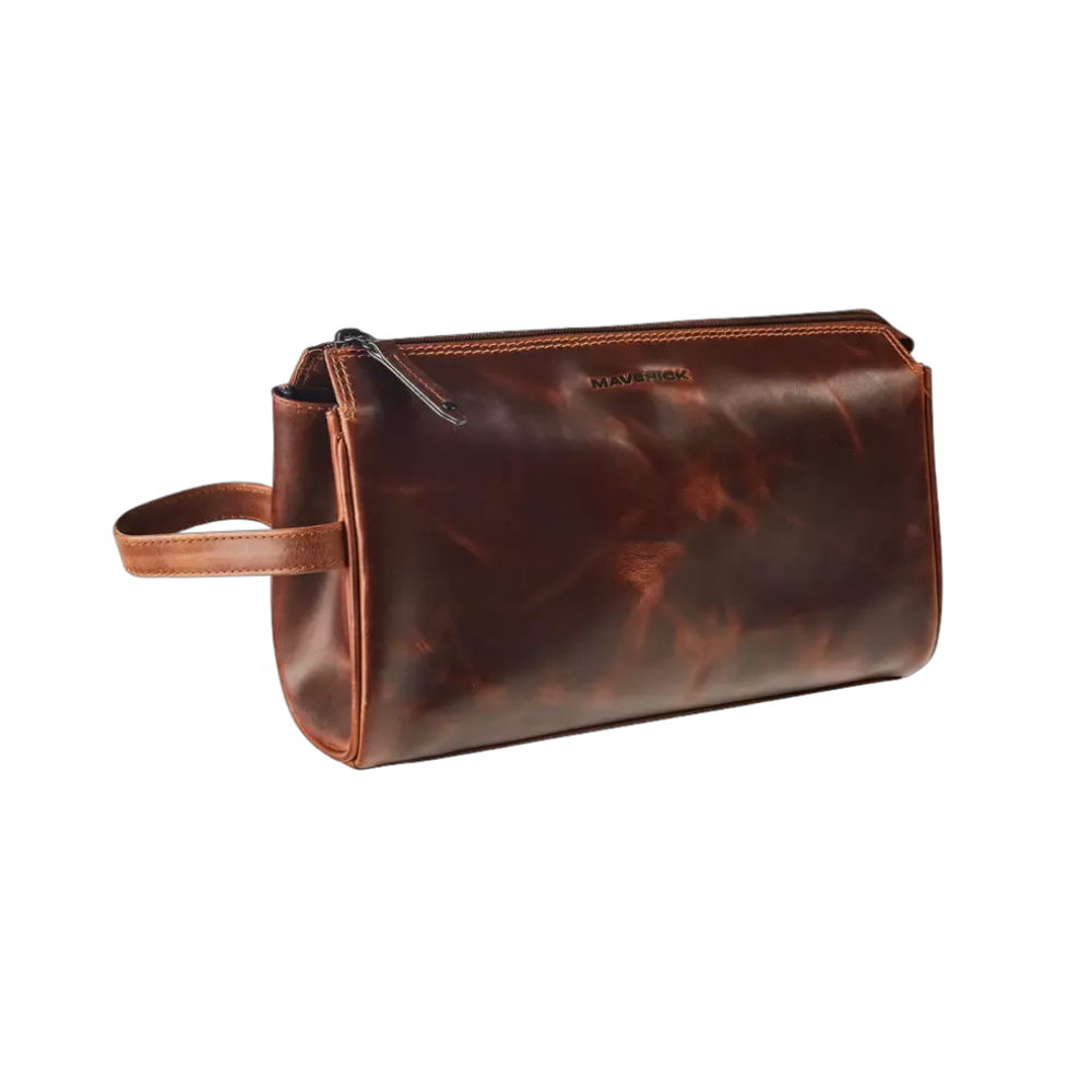 Maverick Leder-Kosmetiktasche, geschlossen, braunes Leder
