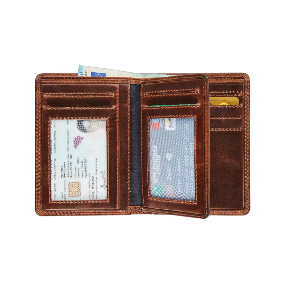 "Maverick Leder-Geldbörse geöffnet, mit Kreditkarten und Ausweisfächern sichtbar"