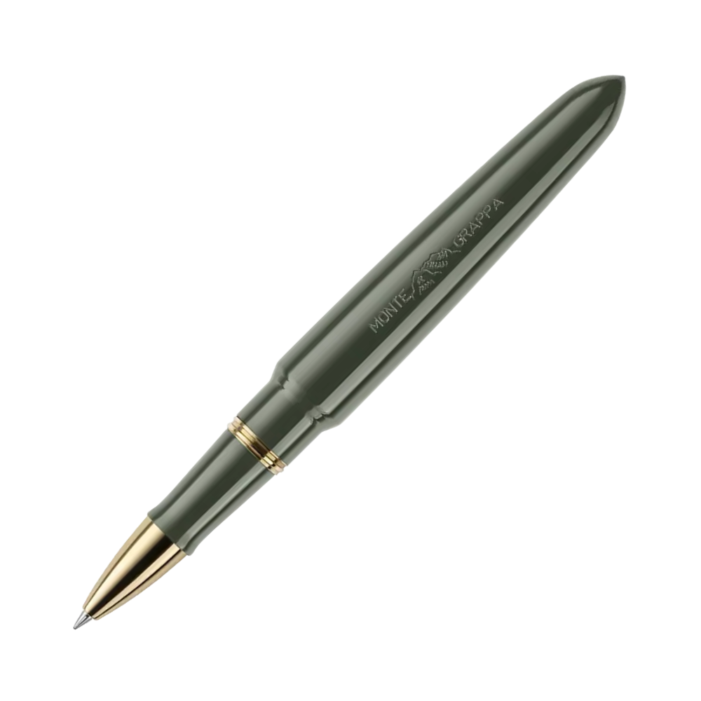 Der grüne Rollerball-Stift, aus der Seite betrachtet, mit Kappe.