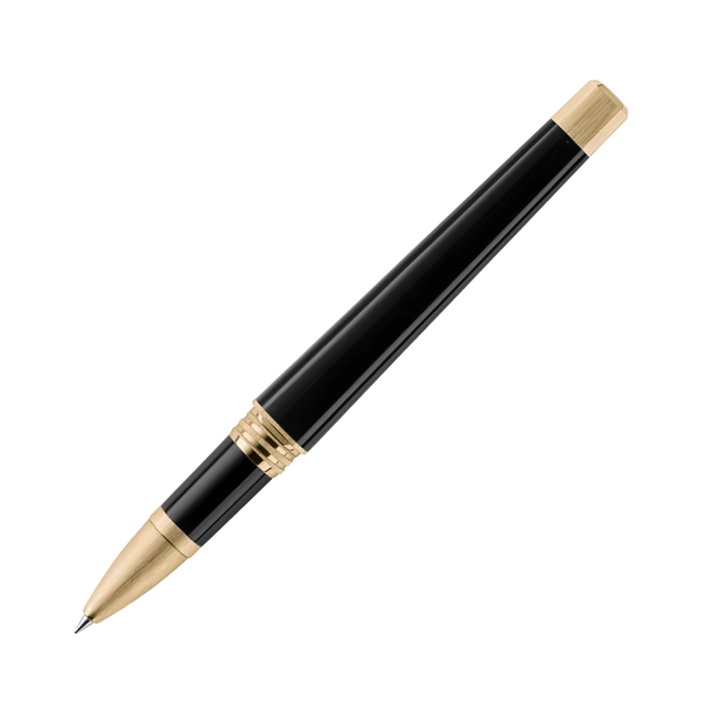 Der schwarze Rollerball-Stift, aus der Seite betrachtet, zeigt das Schreibende und Design.