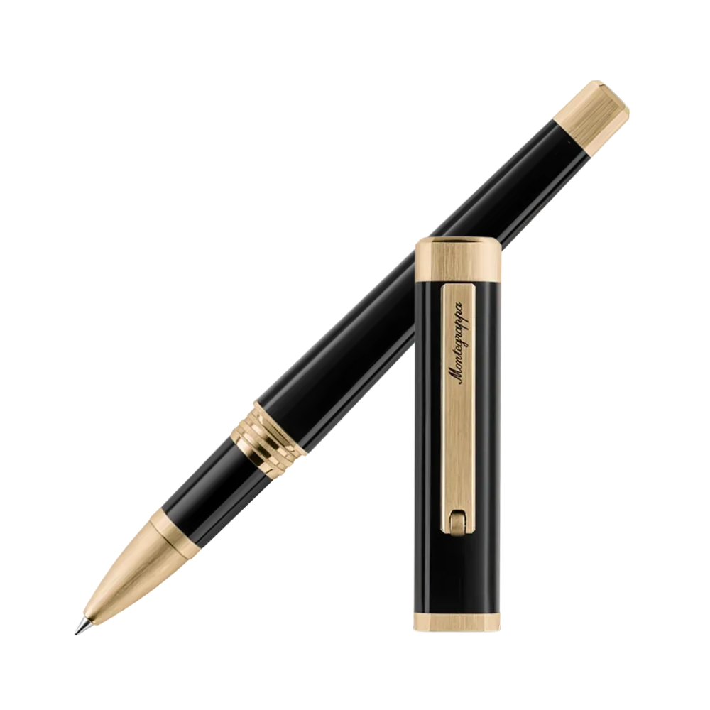 Ein schwarzer Rollerball-Stift mit goldenen Akzenten, schräg positioniert.