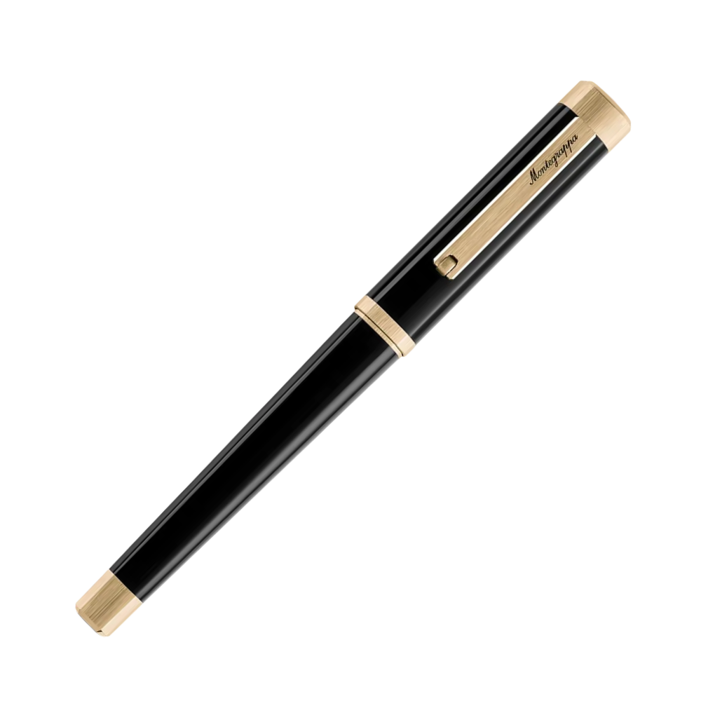 Der schwarze Rollerball-Stift in voller Ansicht mit goldenen Akzenten und Kappe.