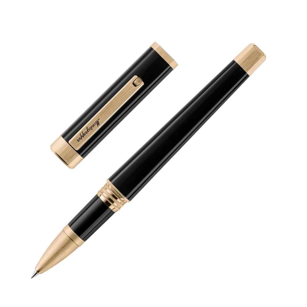 Zwei schwarze Rollerball-Stifte mit goldenen Akzenten nebeneinander, elegant präsentiert.