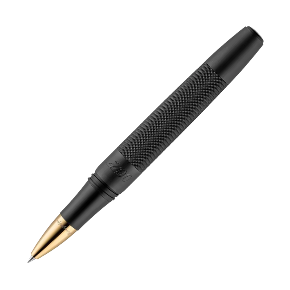 Close-up view of the Montegrappa 007 Special Issue Rollerball Pen, highlighting the smooth black finish and the fine gold-colored nib.