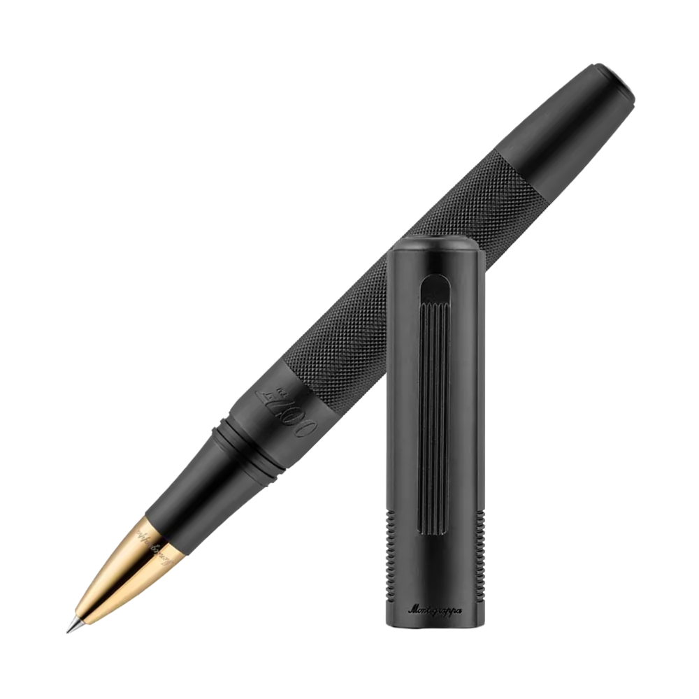 Montegrappa 007 Special Issue Rollerball Pen with sleek black anodized aluminum body and gold-colored nib for an elegant look.