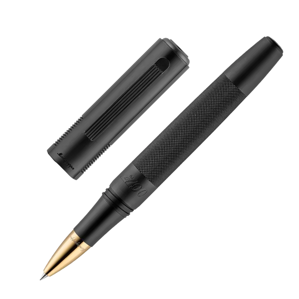 Montegrappa 007 Special Issue Rollerball Pen resting in its sleek packaging, with a modern black design and a touch of elegance in its gold trim.