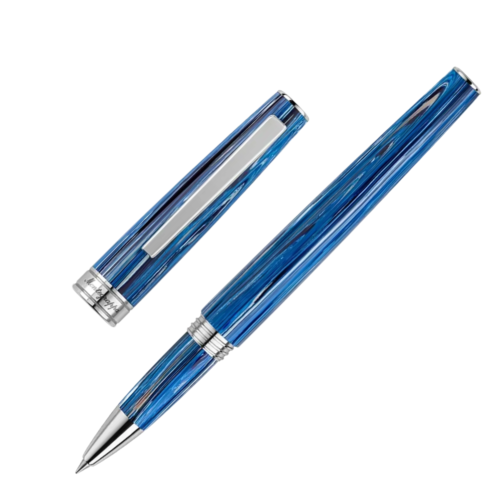 Side view of the Montegrappa Armonia Adriatic Sea Rollerball Pen, emphasizing the smooth blue resin body and stainless steel trim.