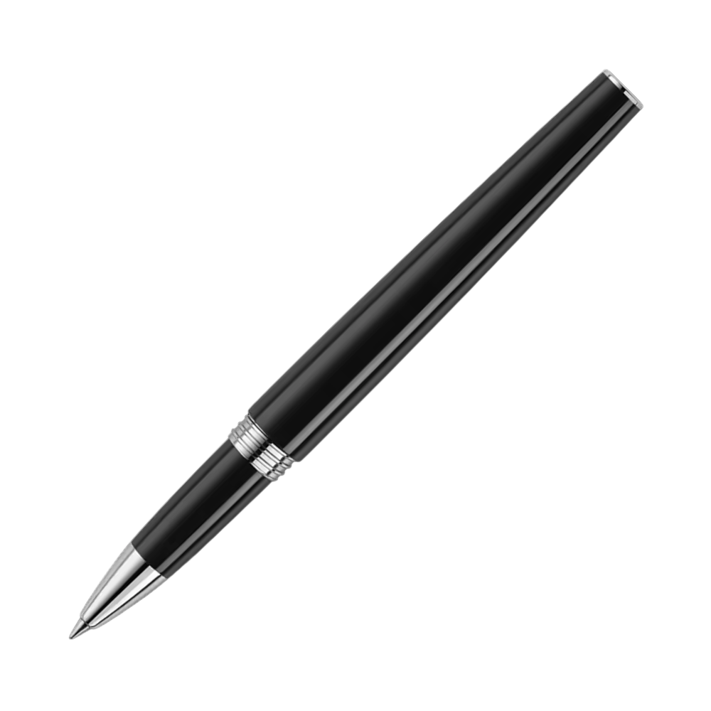 Montegrappa Armonia Black Rollerball Pen displayed in its standard packaging, highlighting its timeless design and high-quality craftsmanship.