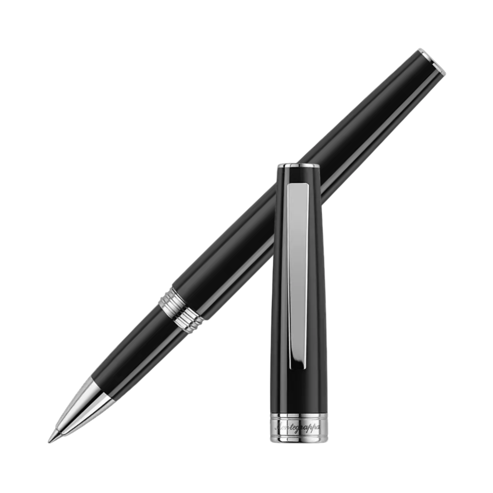 Montegrappa Armonia Black Rollerball Pen with a sleek black resin body and polished stainless steel trim for a classic, elegant look.