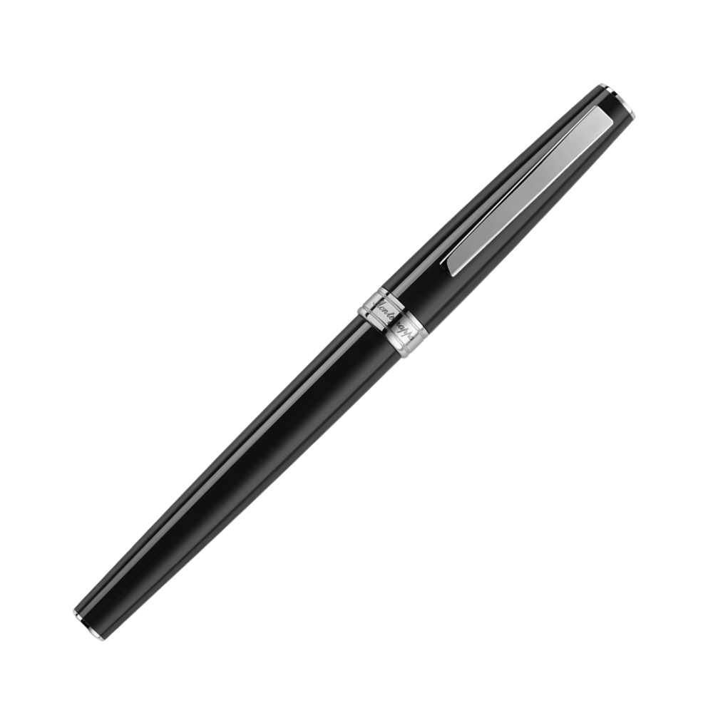 Close-up view of the Montegrappa Armonia Black Rollerball Pen, showcasing the glossy black finish and refined stainless steel accents.